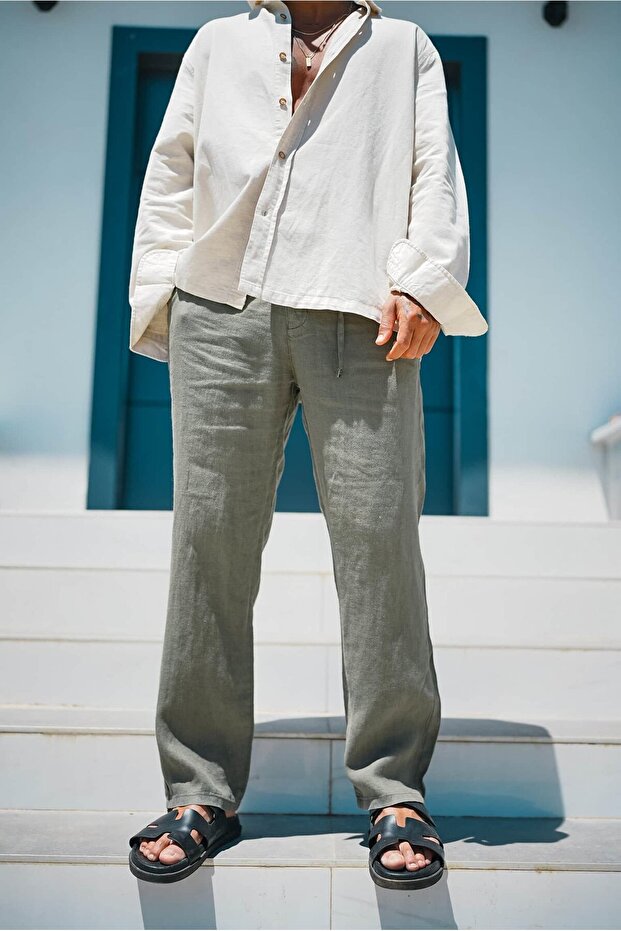 Men's Regular Fit Elastic Waist Linen Trousers Khaki Green