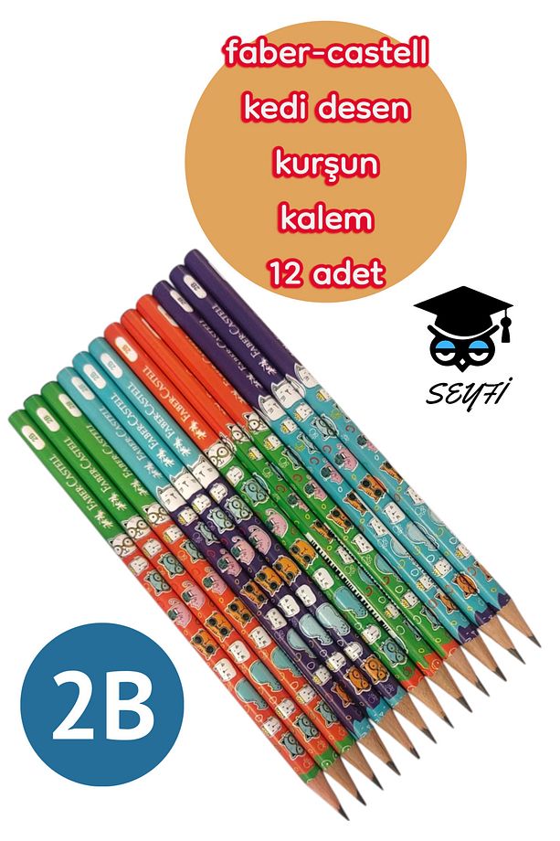 12 adet 2b dereceli kurşun kalem faber-castell yuvarlak gövdeli DESENLİ - 1