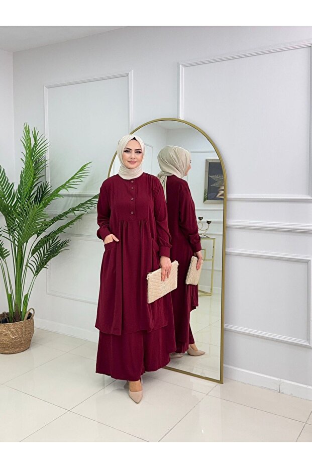 Buttoned Tunic and Pants Two-Piece Hijab Set Aslı