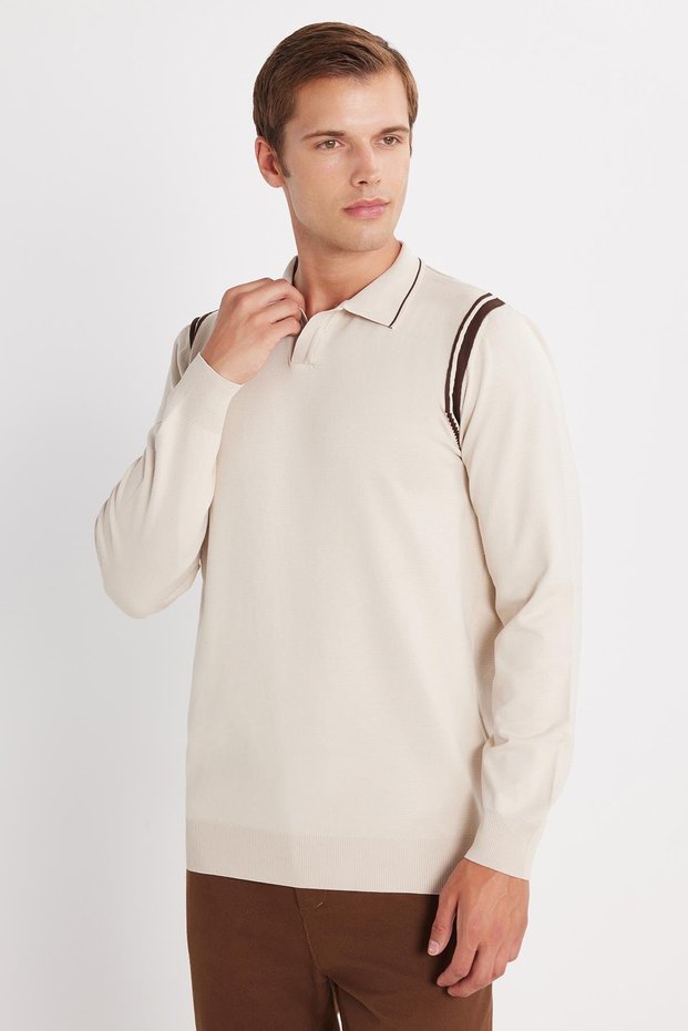 Men's Slim Fit Slim Fit Long Sleeve Polo Neck Striped Stone Sweater