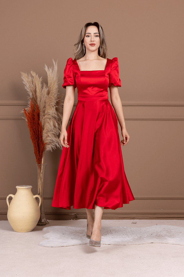 Satin Square Neck Balloon Sleeve Midi Dress - Red