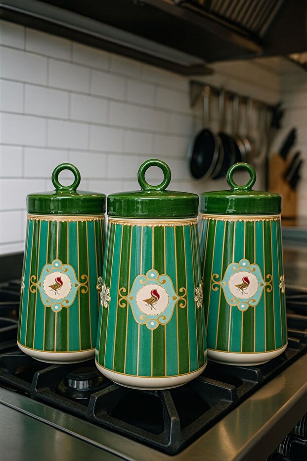 Set of 3 Luxury Piano Bird Green Jar
