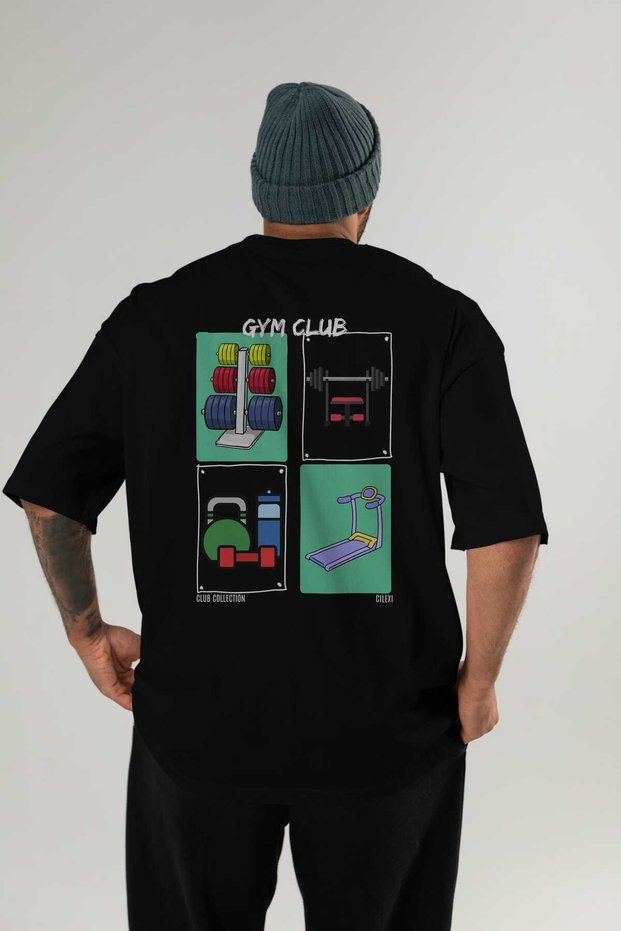 Gym Club Back Printed Black Oversize T-Shirt Men's Women's 100% Cotton Crew Neck T-Shirt