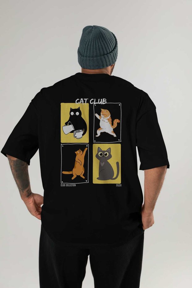 Cat Club Back Printed Black Oversize T-Shirt Men's Women's 100% Cotton Crew Neck T-Shirt