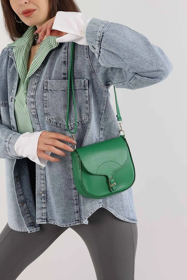 Women's Green Flap Crossbody Bag with Buckle and Belt