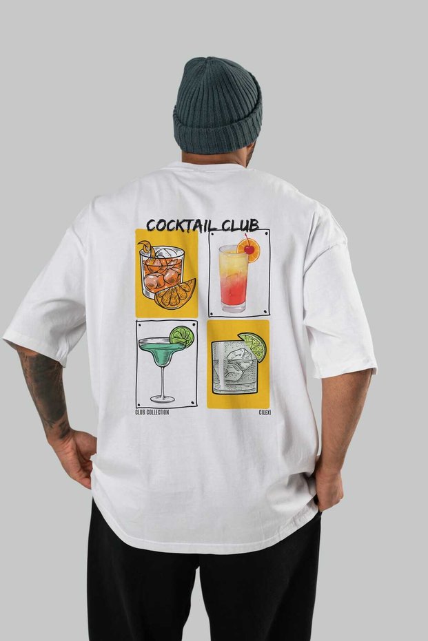 Cocktail Club Back Printed White Oversize T-Shirt Men's Women's 100% Cotton Crew Neck T-Shirt