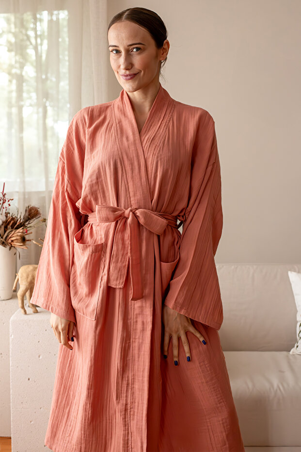 2 Layers Muslin Woven 100% Cotton Unisex Kimono Bathrobe, Breathable and Light Fabric