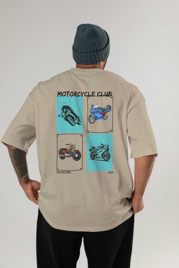 Motorcycle Club Back Printed Beige Oversize T-Shirt Men's Women's 100% Cotton Crew Neck T-Shirt