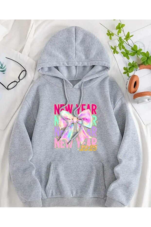 New Year 2025 Printed Hooded Pocket Cotton Gray Sweatshirt