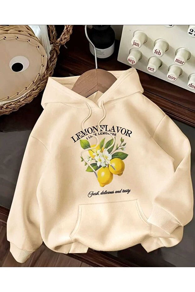 Lemon Flavor Printed Hooded Pocket Cotton Beige Sweatshirt