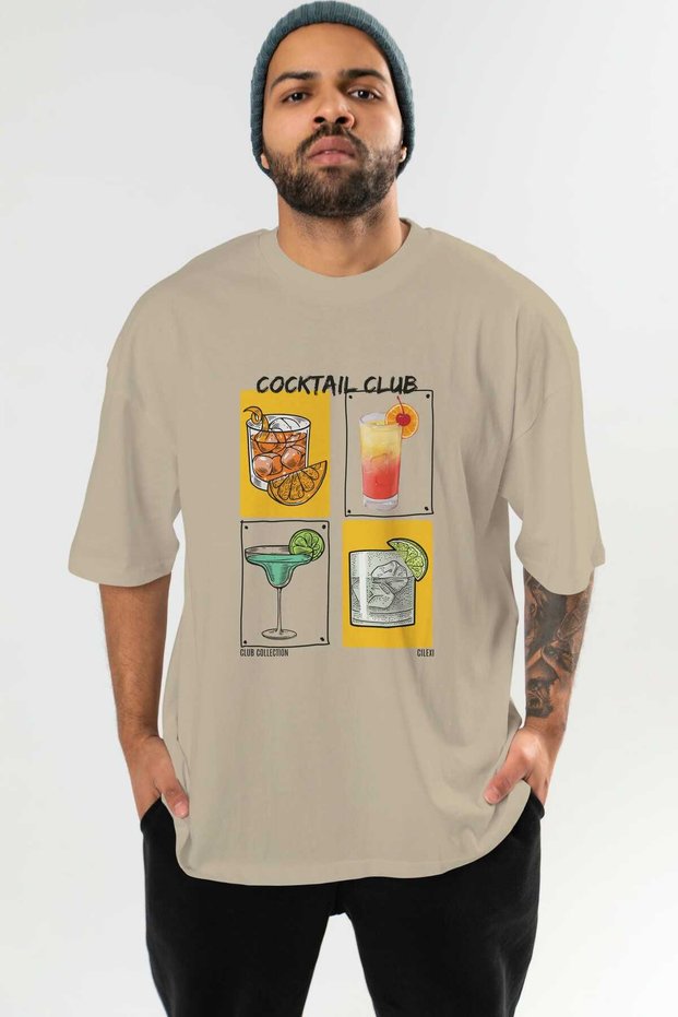 Cocktail Club Front Printed Beige Oversize T-Shirt Men's Women's 100% Cotton Crew Neck T-Shirt