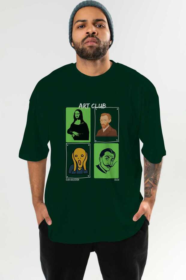 Art Club Front Printed Green Oversize T-Shirt Men's Women's 100% Cotton Crew Neck T-Shirt
