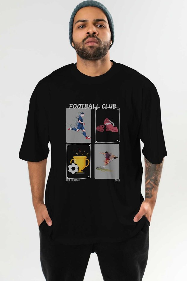 Football Club Front Printed Black Oversize T-Shirt Men's Women's 100% Cotton Crew Neck T-Shirt