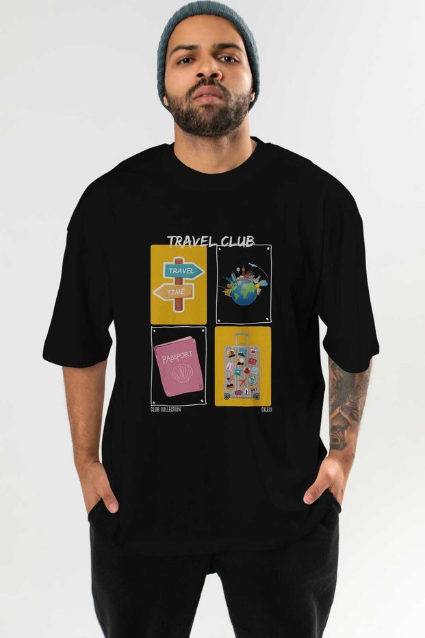 Travel Club Front Printed Black Oversize T-Shirt Men's Women's 100% Cotton Crew Neck T-Shirt