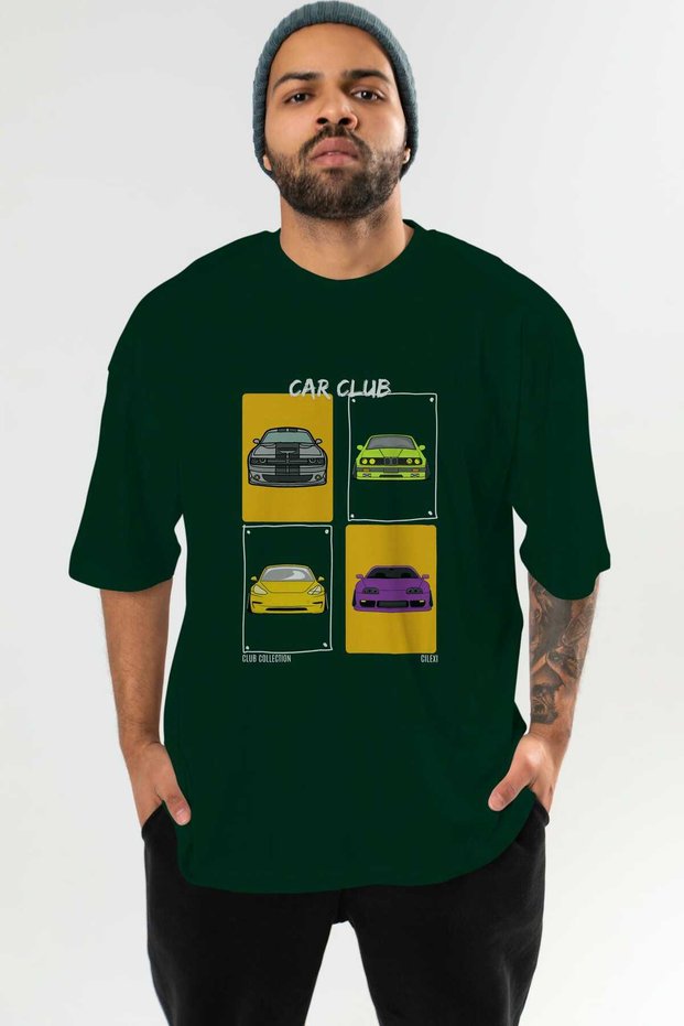 Car Club Front Printed Green Oversize T-Shirt Men's Women's 100% Cotton Crew Neck T-Shirt