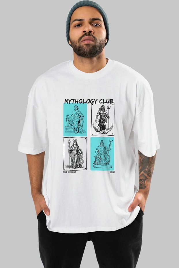 Mythology Club Front Printed White Oversize T-Shirt Men Women 100% Cotton Crew Neck T-Shirt