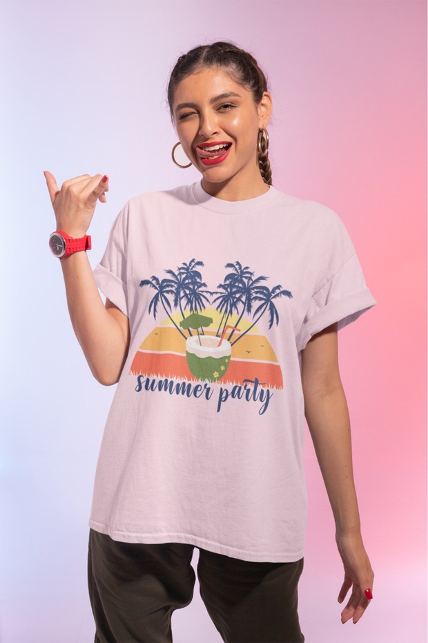 Men/Women Summer Party Transfer Printed Round Neck Short Sleeve T-Shirt