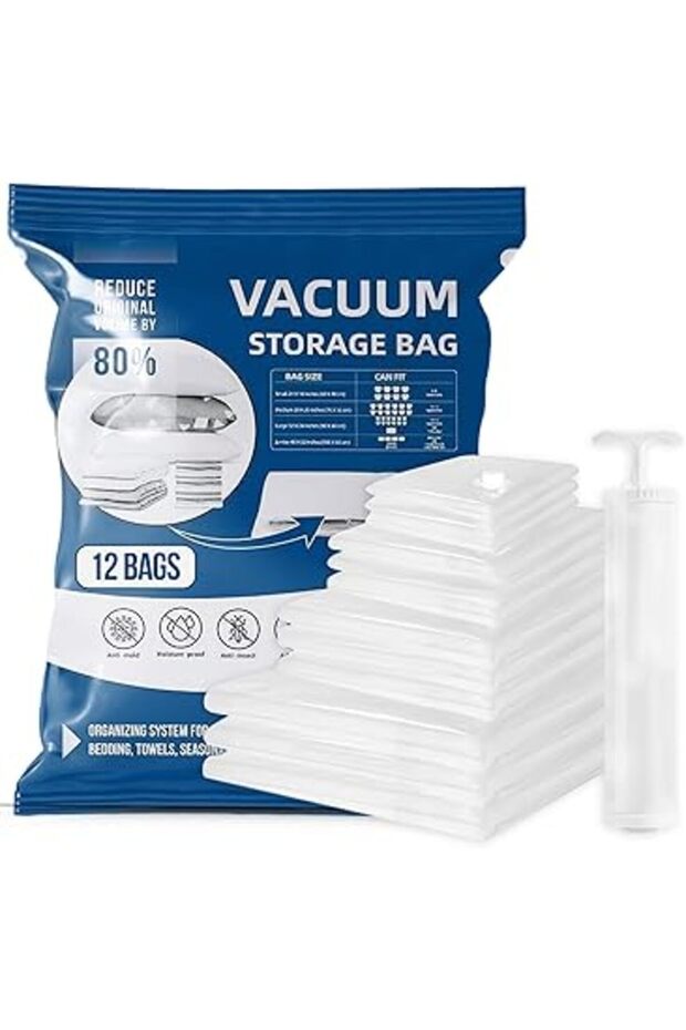 12 Pack Vacuum Storage Bags with Hand Pump – Compression Bags for Clothes, Comforters & Blankets