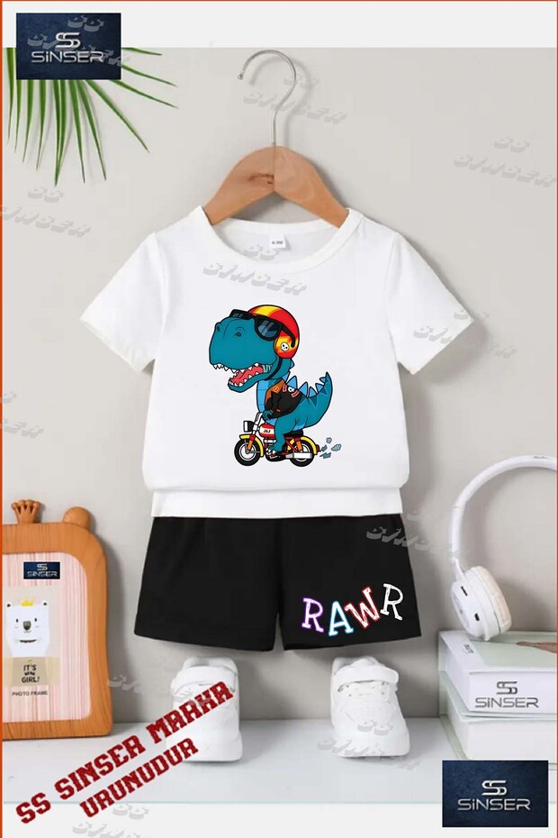 Kids Unisex “Rawr Dino Motorized“ Custom Printed Crew Neck T-Shirt - Shorts Set
