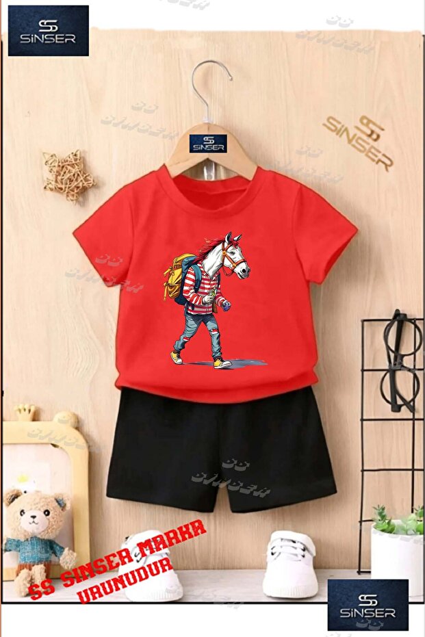Children's Unisex “Horse Man Backpack“ Custom Printed Crew Neck T-Shirt - Shorts Set