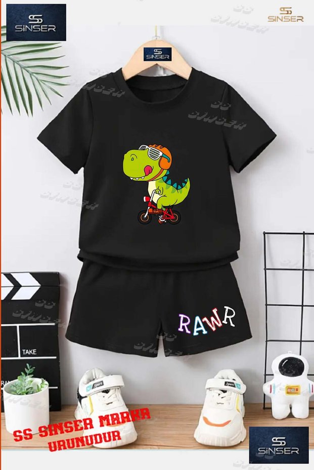 Kids Unisex “Rawr Dino Green Bike“ Custom Printed Crew Neck T-Shirt - Shorts Set