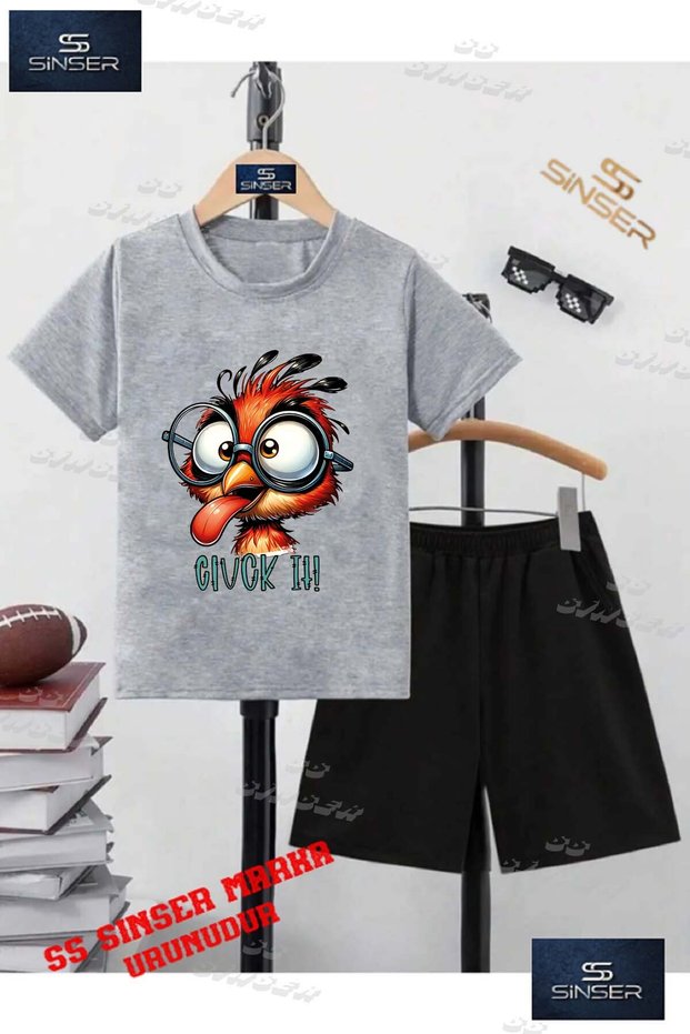 Children's Unisex “Kus Civcik with Glasses“ Special Printed Crew Neck T-Shirt - Shorts Set
