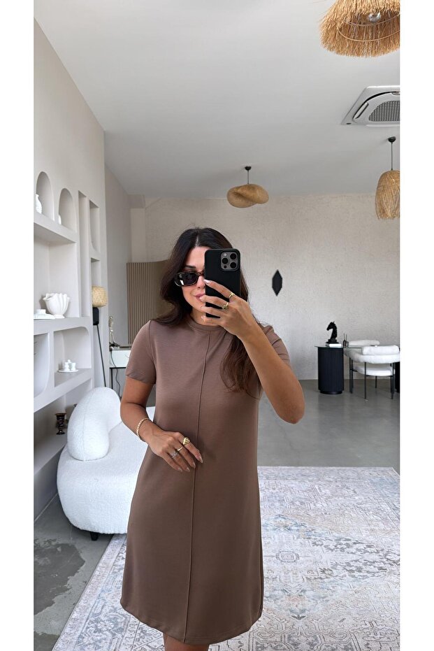 Brown Striped Basic Dress - 1