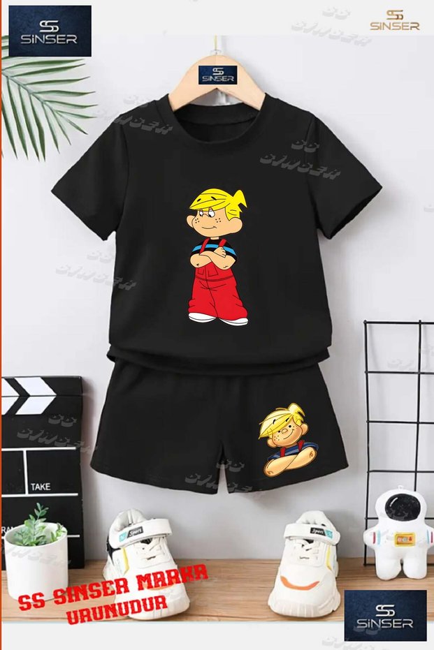 Children's Unisex “Denis Children's Hands Tied“ Special Printed Crew Neck T-Shirt - Shorts Set