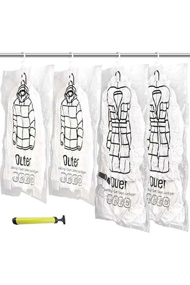4 Pack Hanging Vacuum Bags with Hangers – Space Saver for Coats, Blankets & Seasonal Clothes