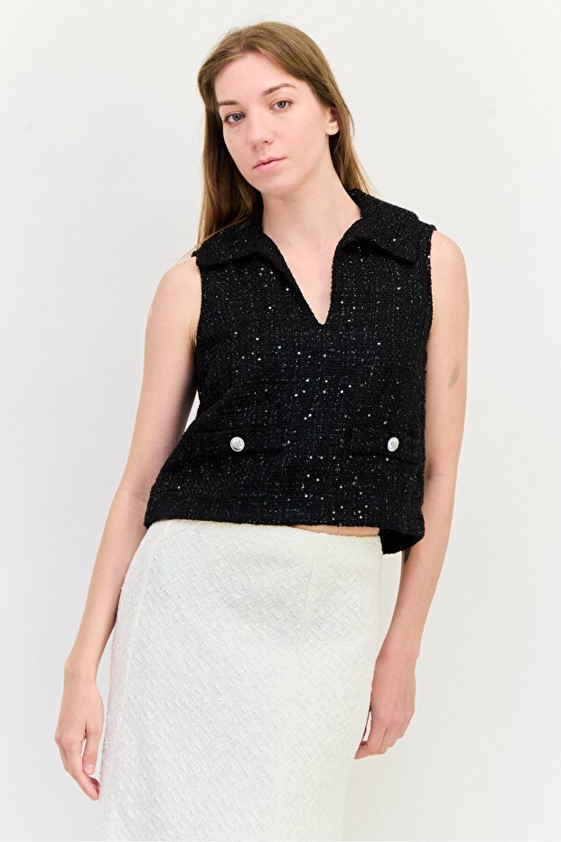 Women V-Neck Sleeveless Sequence Top, Black