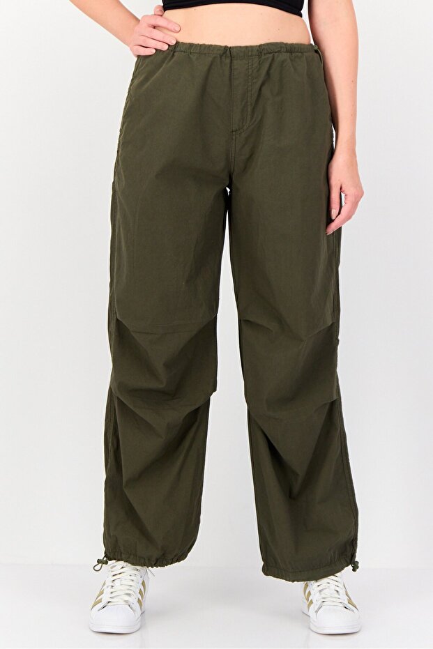 Women Regular Fit Solid Parachute Jogger Pants, Olive