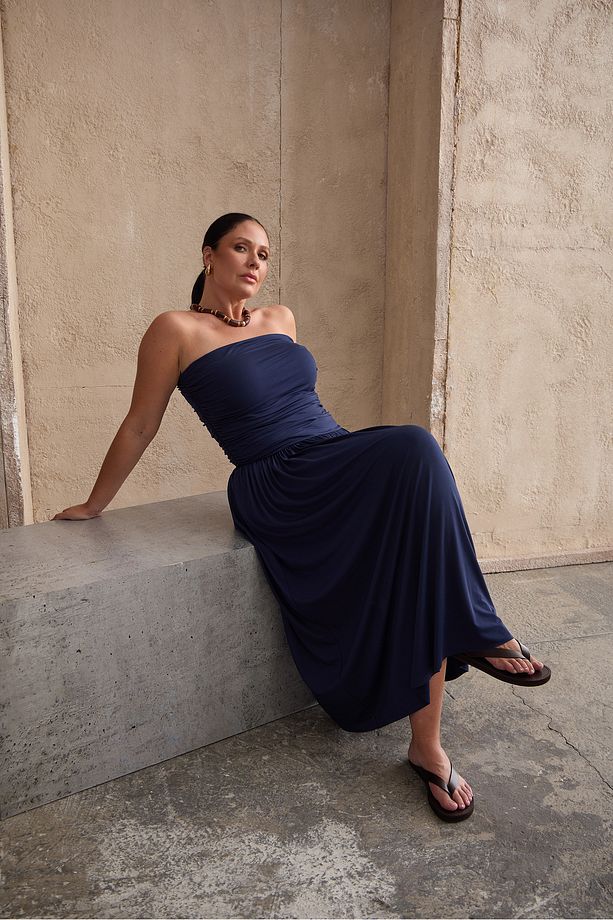 RUSH Straplez Maxi Elbise Lacivert - 1