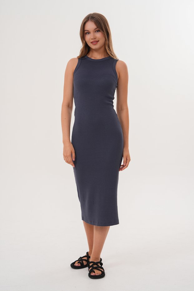 Women's Smoked Rib Camisole Midi Dress – Sleeveless, Crew Neck, Casual Comfortable Fit