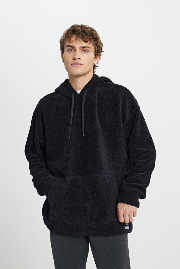 AC&Co / Altınyıldız Classics Erkek Siyah Oversize Bol Kesim Kapüşonlu Sherpa Sweatshirt Polar