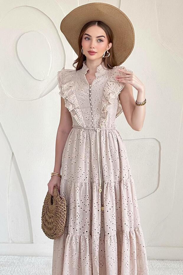 Beige Ruffled Buttoned Dress
