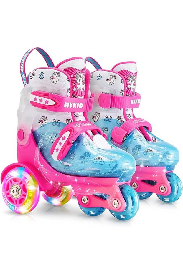 Adjustable children's rollers, 4 lighted wheels, triangle stability, unicorn pattern, size S, pink
