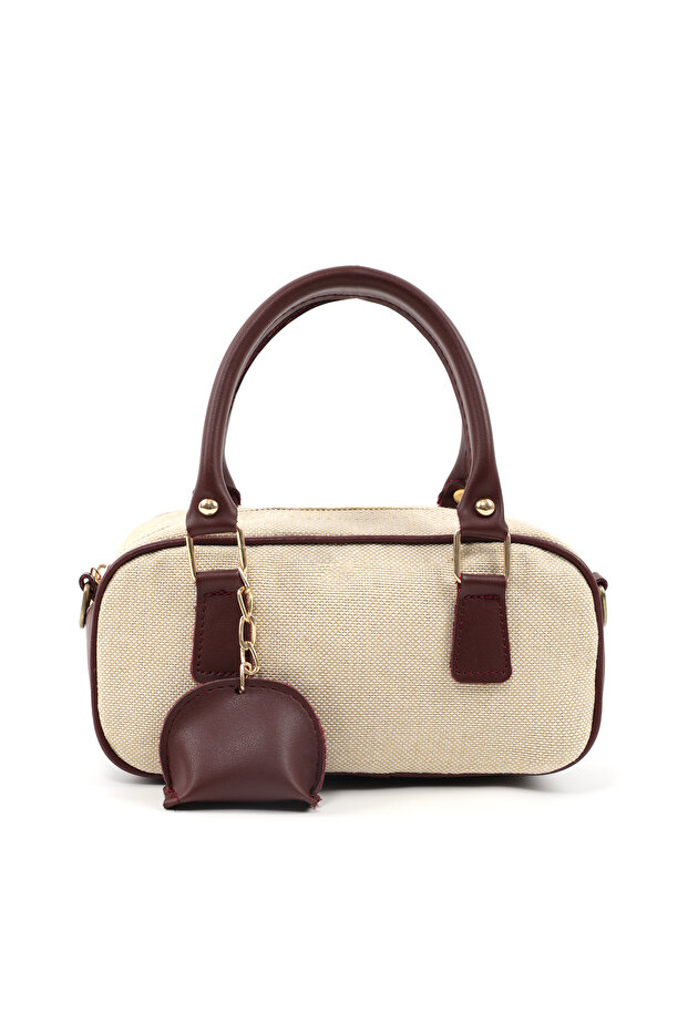Straw / Burgundy Shk207 Faux Leather Charm Detailed Zippered Adjustable Strap Hand, Arm and Shoulder Bag