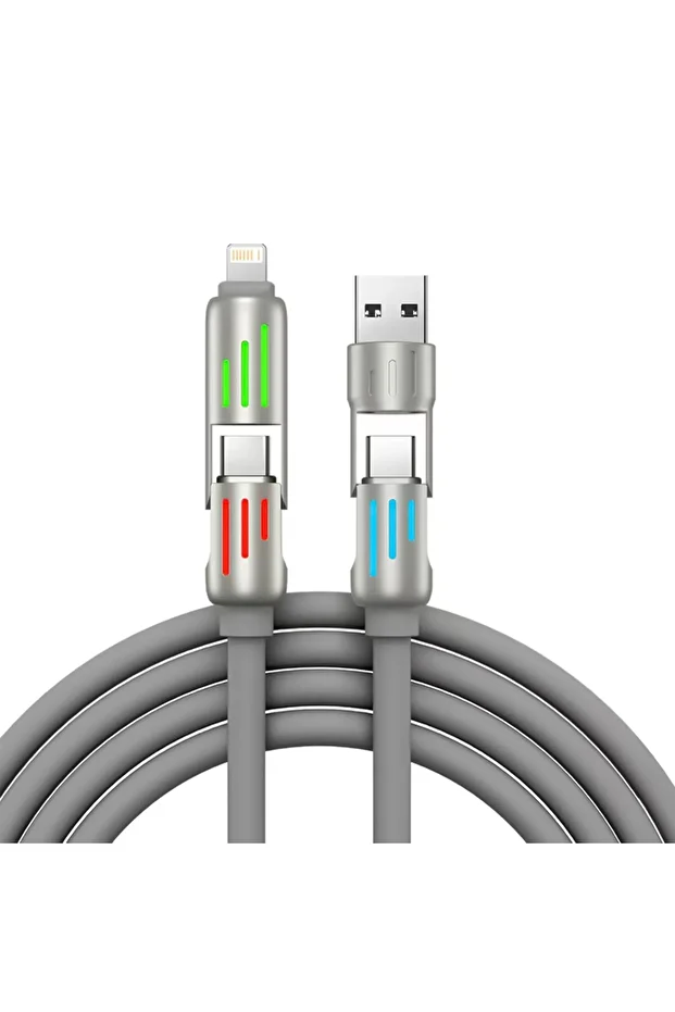 240W 4'ü 1 Arada Type-C / USB-A / Lightning Gri Silikon Şarj ve Data Kablosu 1.2 Metre - 1