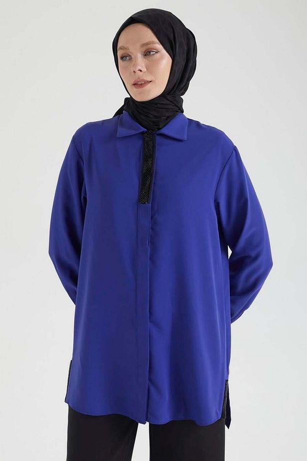 Taş İşlemeli Çıt Çıt Düğmeli Tunik - Morcivert - 5