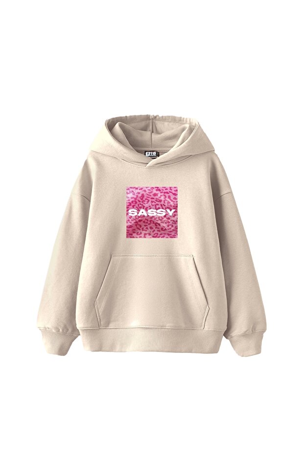 Sassy Printed Oversize Unisex Beige Hoodie