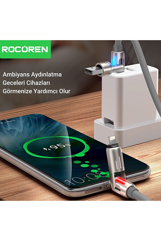 240W 4'ü 1 Arada Type-C / USB-A / Lightning Gri Silikon Şarj ve Data Kablosu 1.2 Metre - 5
