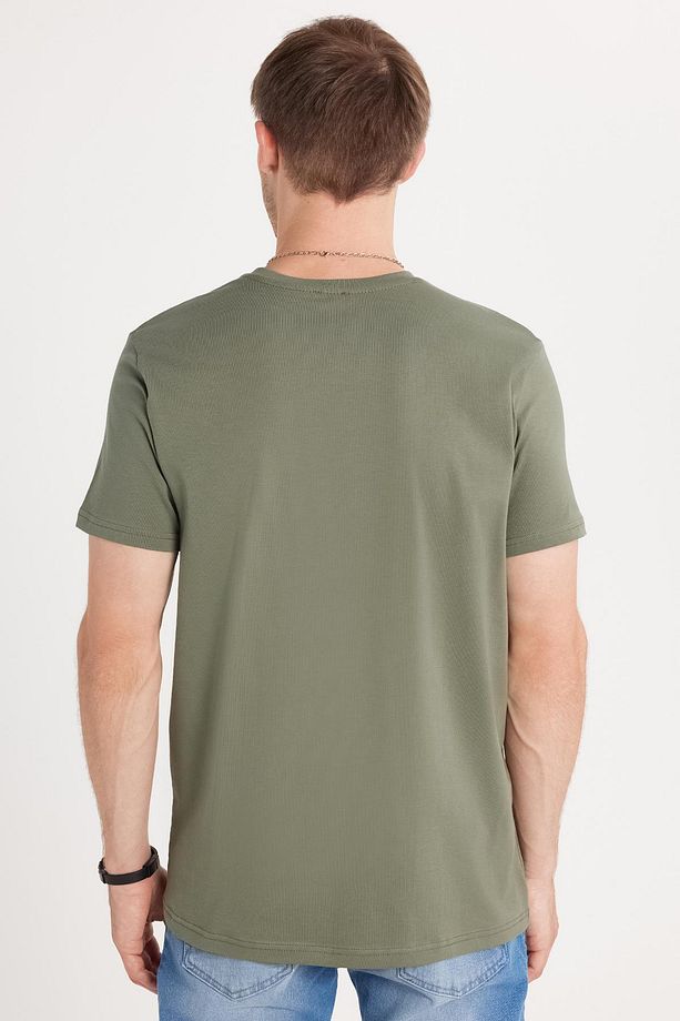 Erkek Slim Fit Dar Kesim Pamuklu Yumuşak Doku Likralı Esnek Kumaş Basic Yeşil Bisiklet Yaka Tişört - 5