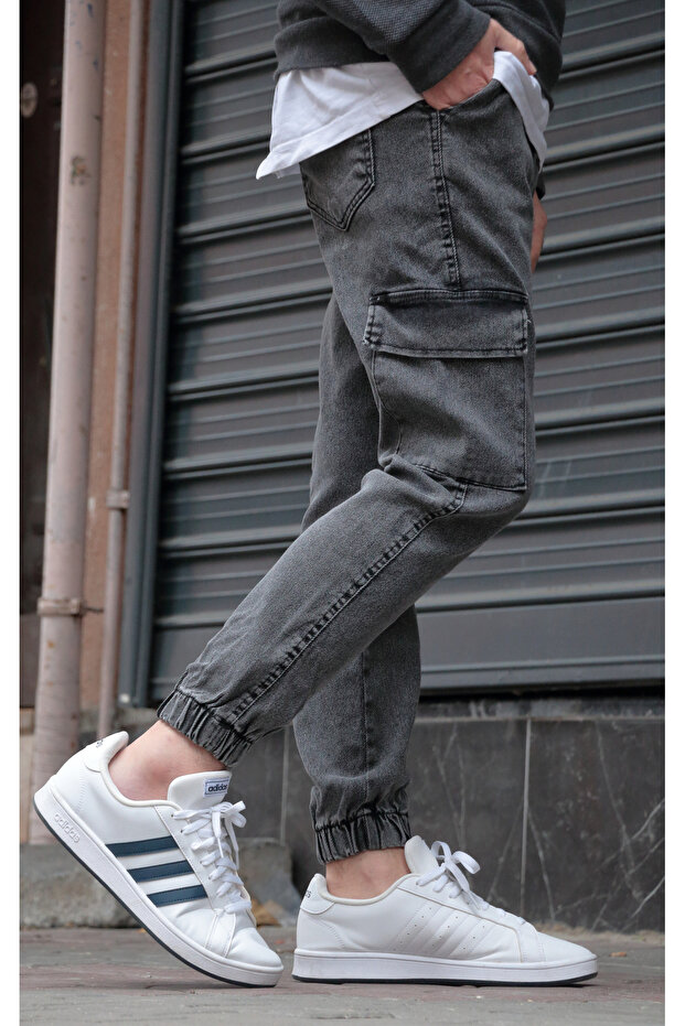 Men's Gray Jogger Cargo Pocket Jeans - Elastic Waist and Leg, Stretch Fabric