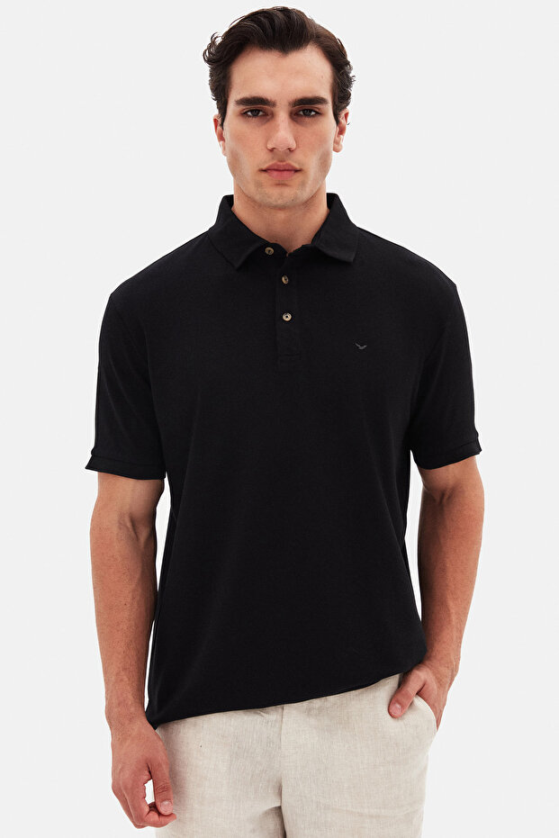 Ds Damat Regular Fit Black Pique Textured 100% Cotton Polo T-Shirt