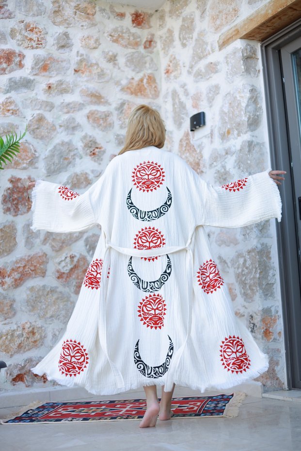 Muslin Kimono 100% Cotton Sun and Moon Printed Patterned Bathrobe Kaftan Dressing Gown