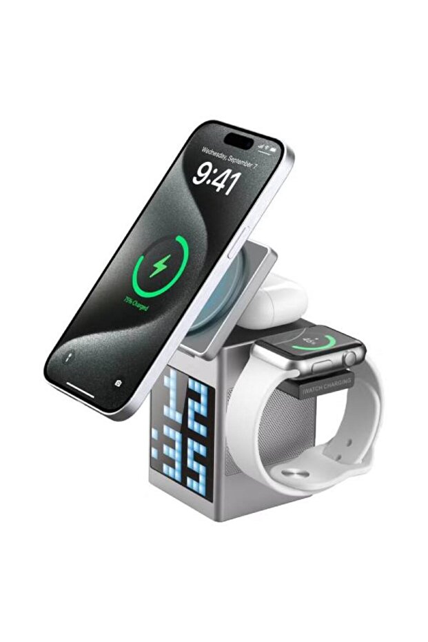 3-in-1 Wireless Charging Station with Pixel Speaker & Alarm Clock 15W Fast Phone,Earbuds & Watch