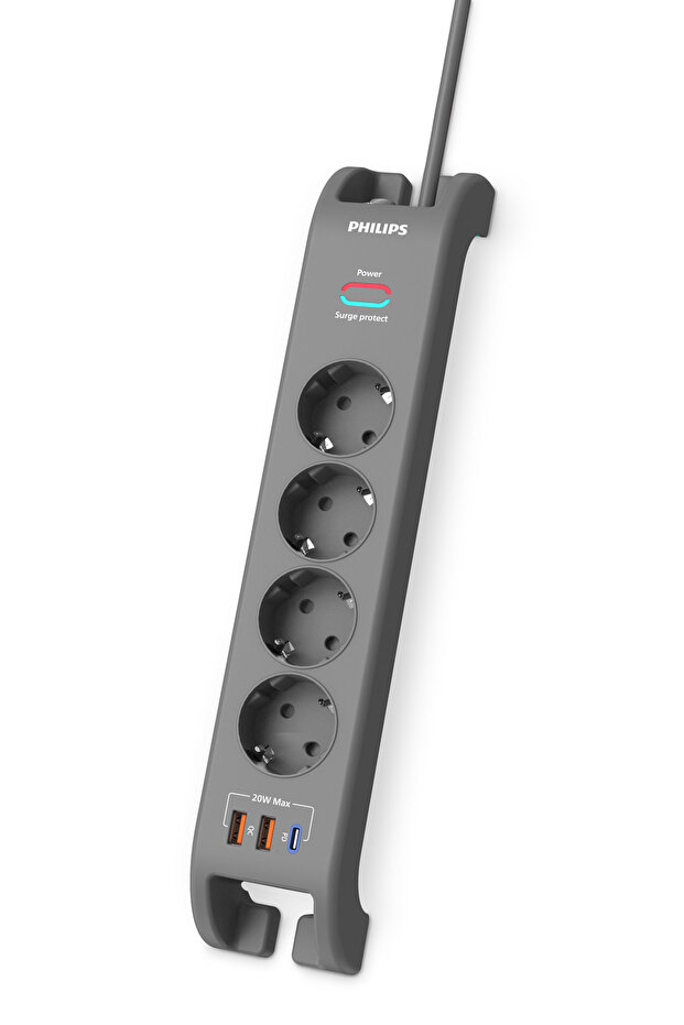 Philips SPN4140GA Akım Korumalı Priz 4'lü + 2x Usb-A 18W + 1x Usb-C 20W - 2m Kablo - Siyah