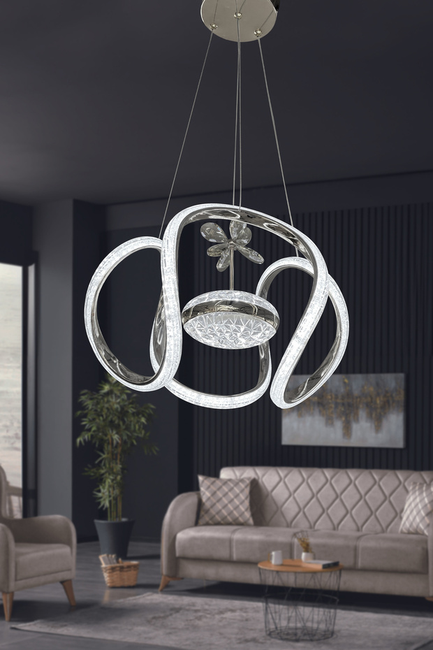 Dünya Eliza Simli Slikonlu Tek Toplu Modern Oturma Led Avizesi Kumandasız Krom - 5