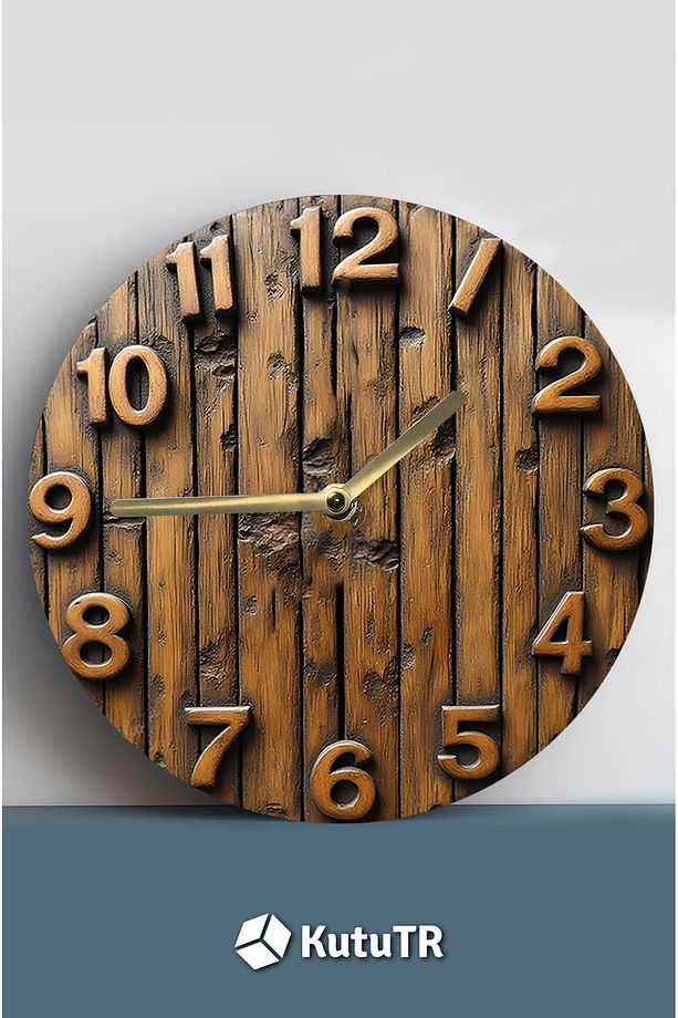 🪵 Rustik Ahşap Desenli 3D Görünümlü MDF Duvar Saati – 33 cm 🕰️ sdw86 - 3