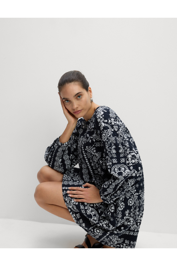 Pamuk Zengin Mini Baskılı Swing Elbise - 1